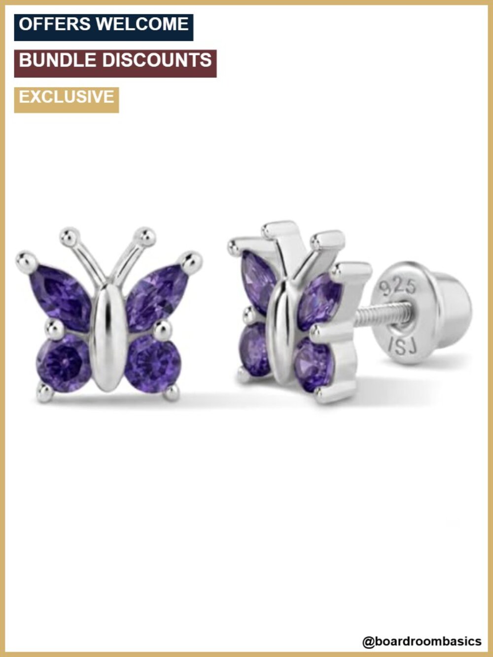 925 Sterling Silver CZ Butterfly Stud Earrings Kids Screw Back Hypoallergenic
